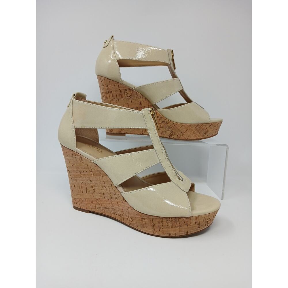 Michael Kors Damita Iconic Gold Zipper Nude Cork Wedges Women’s US Size 7.5M - Picture 5 of 16